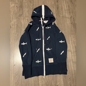 Thom Browne Navy and White Shark Zip Hoodie